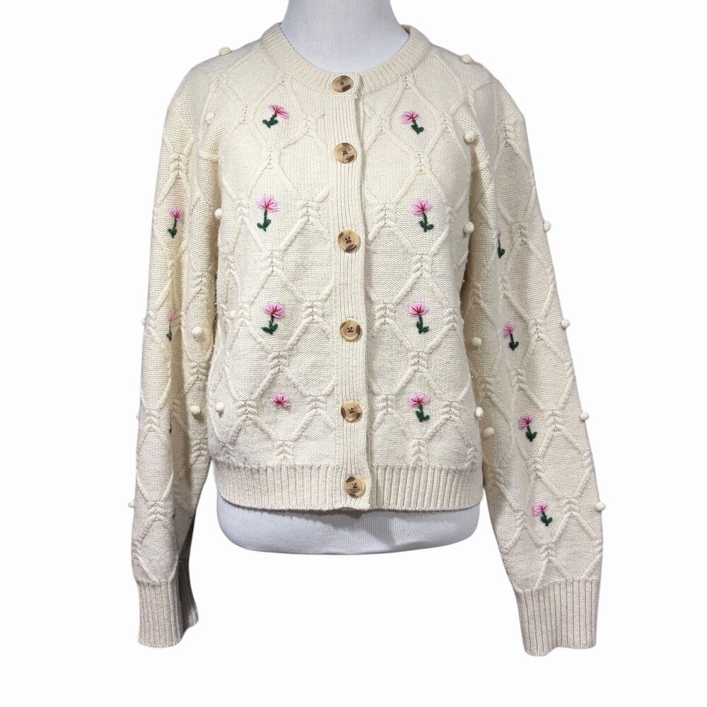 French Connection Knit Cardigan Women’s L Diamond Floral Embroidered Grannycore